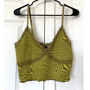 H&M : Yellow-Green Patterned Ribbed Top w Lace Details | New